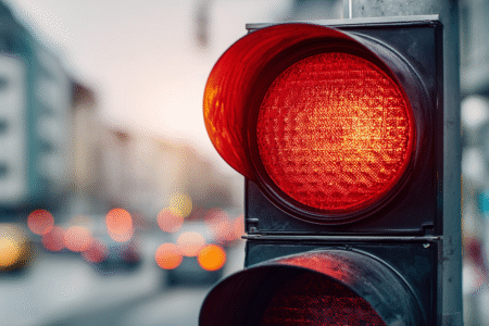 Rote Ampel im Straßenverkehr, Fokus auf das Signallicht mit unscharfem Stadtverkehr im Hintergrund.