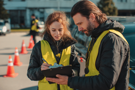 Zwei Personen in Warnwesten schauen gemeinsam auf ein Klemmbrett und machen Notizen, im Hintergrund stehen Verkehrskegel.