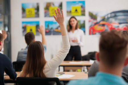 Schülerinnen und Schüler im Fahrschulunterricht heben die Hand, während die Lehrerin vorne erklärt.