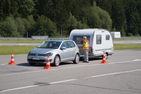 Auto mit Anhänger bei der Fahrprüfung, Fahrlehrerin gibt Anweisungen auf dem Übungsplatz.