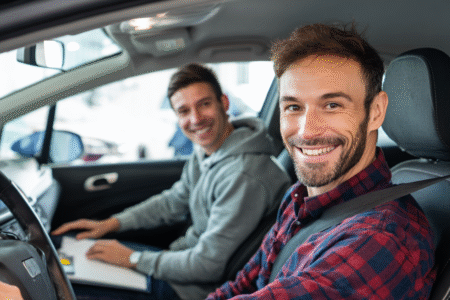 Zwei Personen sitzen lachend im Auto, eine Person vorne am Steuer, die andere daneben mit einem Klemmbrett.