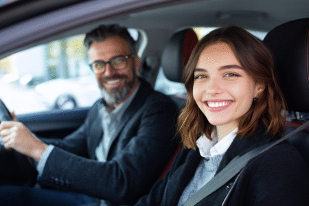 Fahrschülerin sitzt lächelnd angeschnallt neben dem Fahrlehrer im Auto.