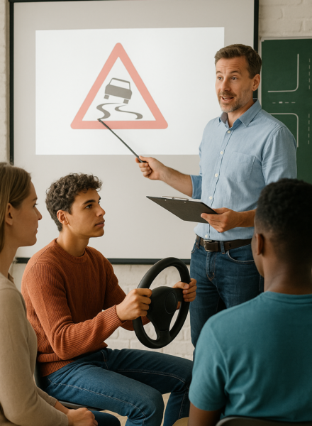 Fahrlehrer erklärt im hellen Unterrichtsraum ein Verkehrsschild an der Leinwand, während Fahrschüler aufmerksam zuhören