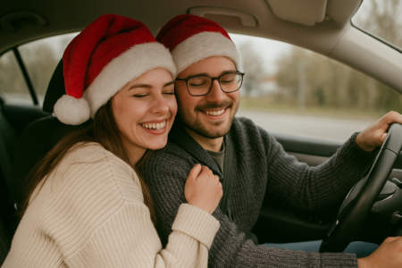 Lachendes Paar mit Weihnachtsmützen sitzt im Auto, eine Person am Steuer, die andere daneben